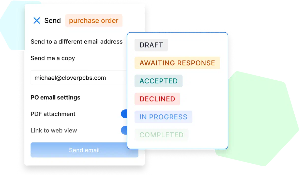 A Cinderblock UI screenshot showing purchase order email settings with options to attach a PDF, include a web link, and status labels like draft, accepted, declined, and completed.