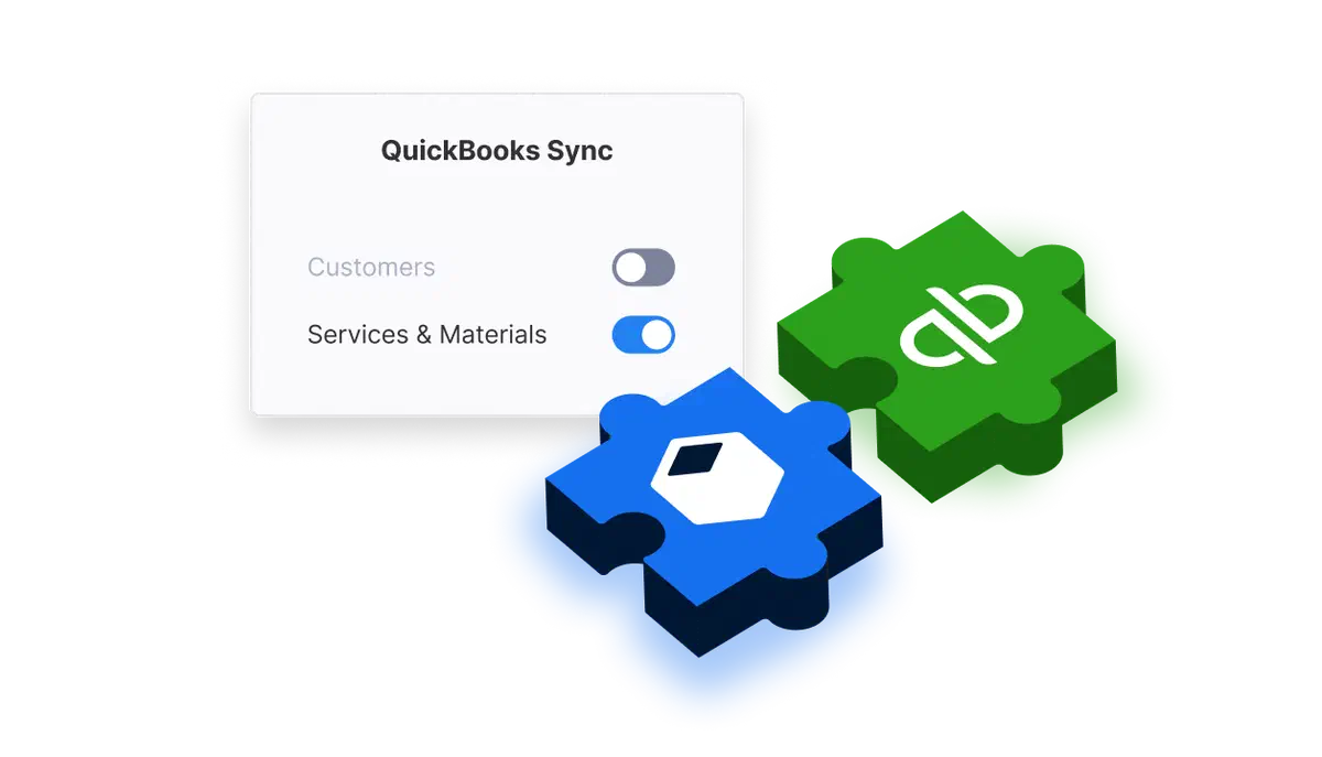 Sync toggles for QuickBooks integration and puzzle icons for Cinderblock and QuickBooks.