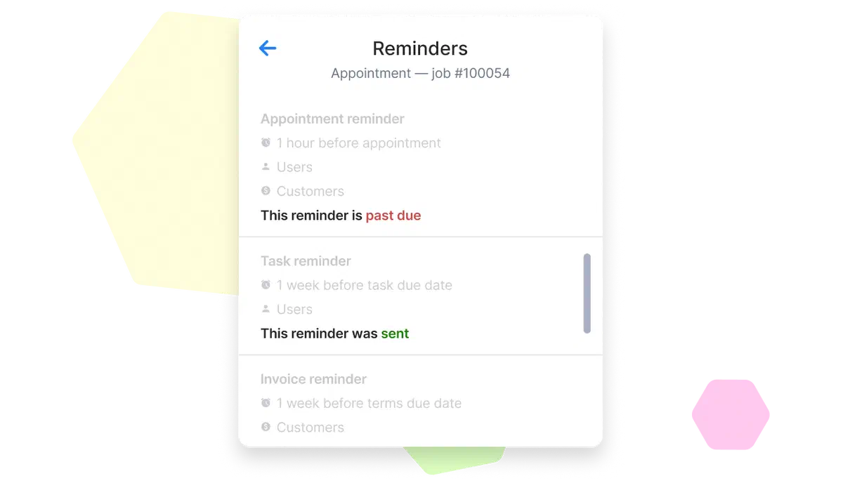 Cinderblock UI showing appointment, task, and invoice reminders with real-time status updates for users and customers.
