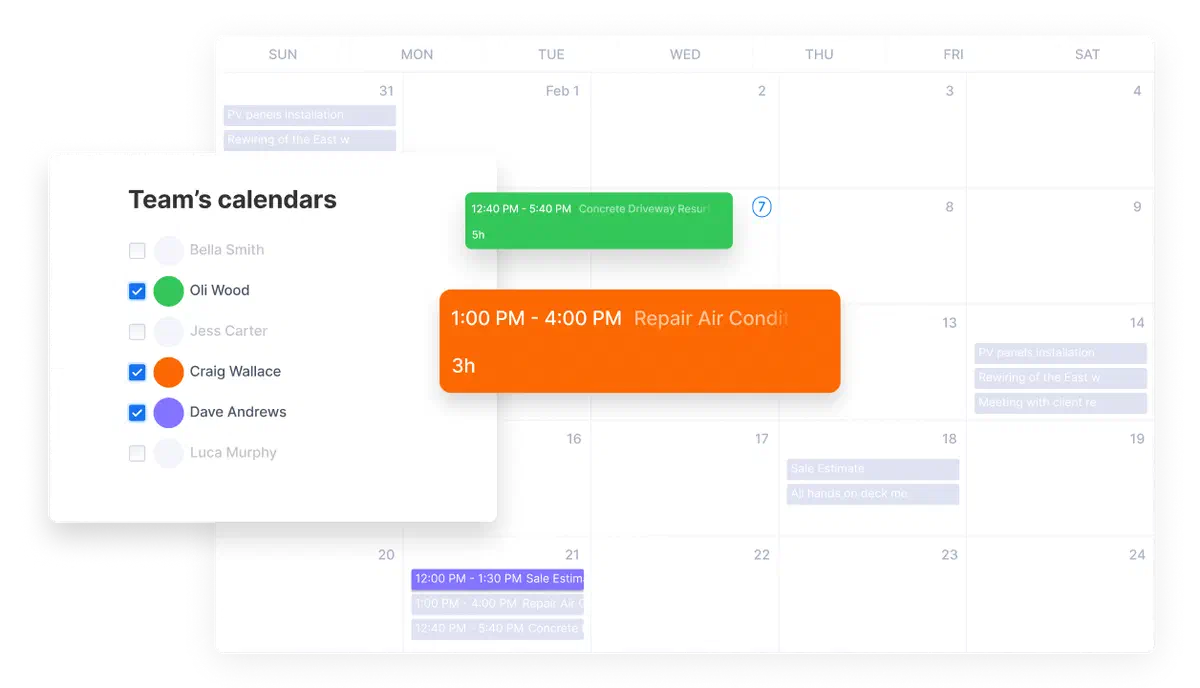 Calendar view in Cinderblock’s scheduling feature, showing individual crew availability.
