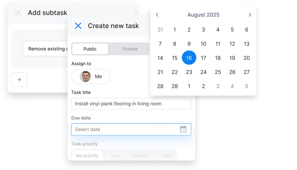 Cinderblock UI creating a new task with a calendar date picker for due date.