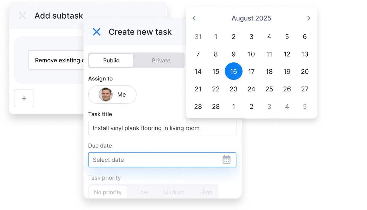 Cinderblock UI creating a new task with a calendar date picker for due date.