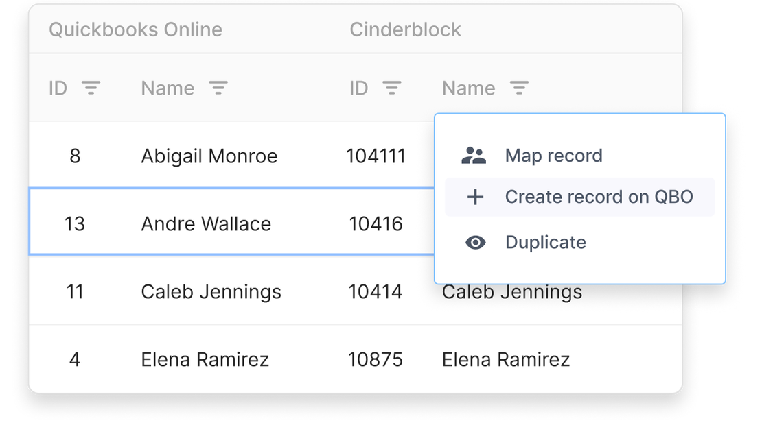 Customer record sync table showing QuickBooks and Cinderblock entries with options to map, create, or duplicate records.