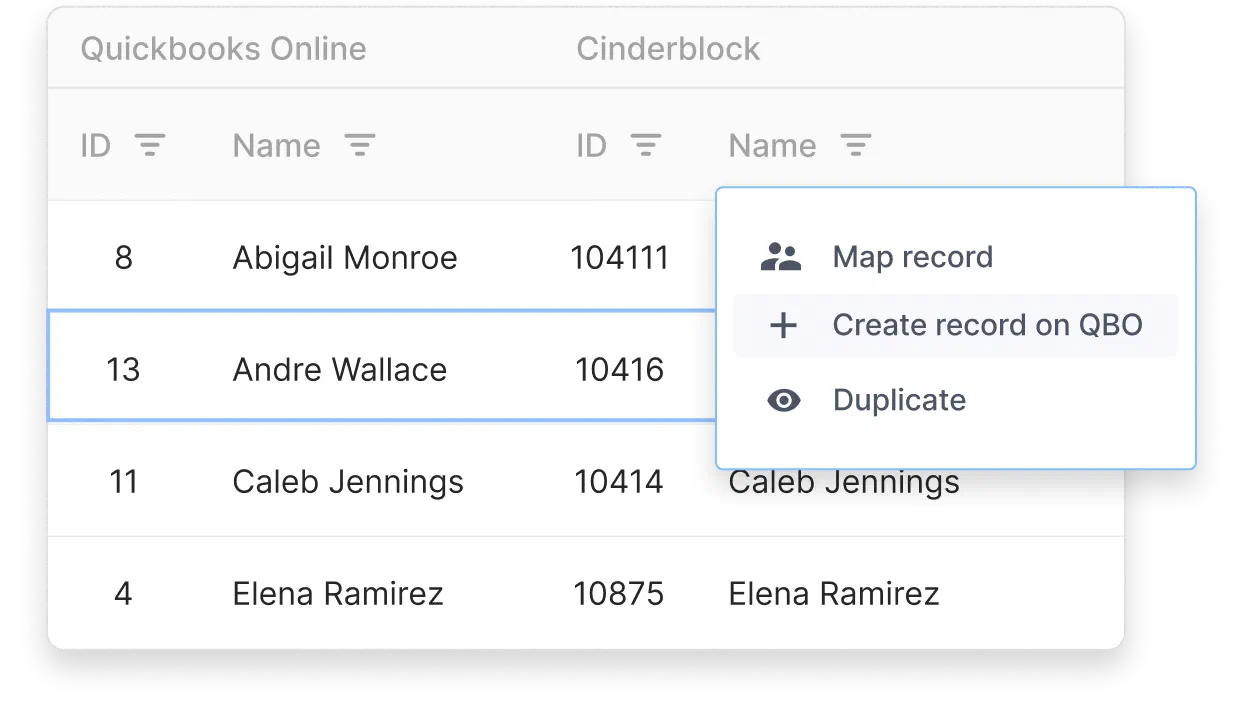 Customer record sync table showing QuickBooks and Cinderblock entries with options to map, create, or duplicate records.