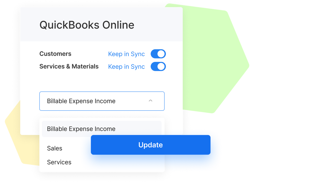 QuickBooks sync settings showing toggles for customers and services, income account dropdown, and an “Update” button.