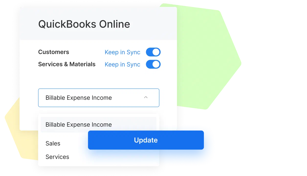 QuickBooks sync settings showing toggles for customers and services, income account dropdown, and an “Update” button.