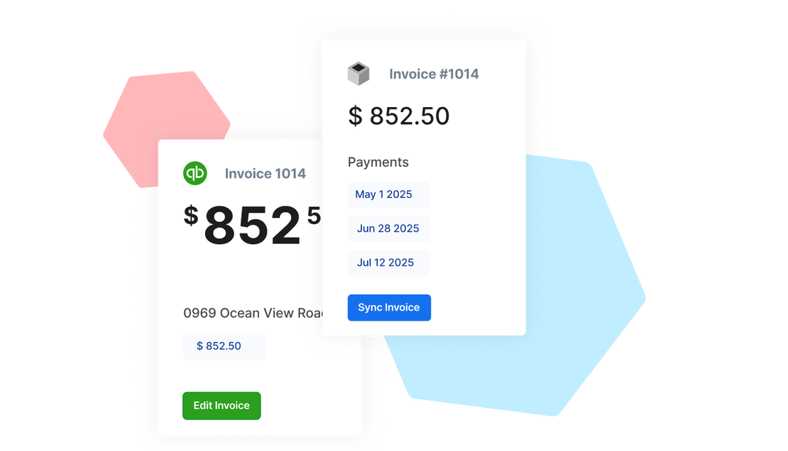 Synced invoice view showing matching totals from QuickBooks and Cinderblock, with payment history and a “Sync Invoice” button.