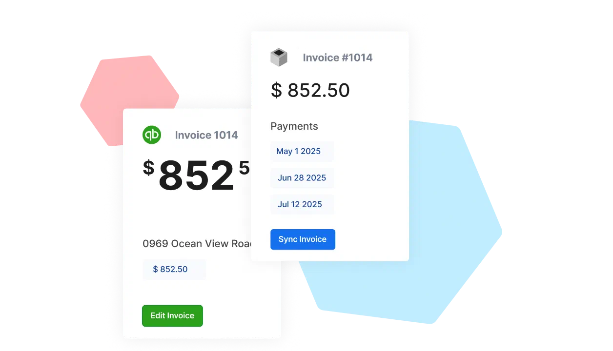 Synced invoice view showing matching totals from QuickBooks and Cinderblock, with payment history and a “Sync Invoice” button.