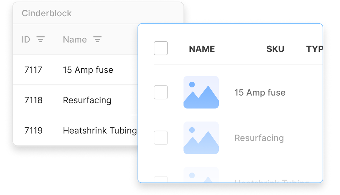 Side-by-side view of services and materials records in Cinderblock and QuickBooks, showing synced item names.