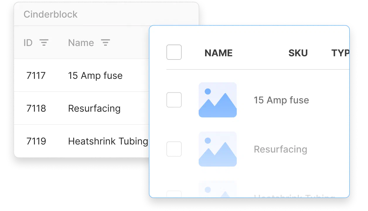 Side-by-side view of services and materials records in Cinderblock and QuickBooks, showing synced item names.