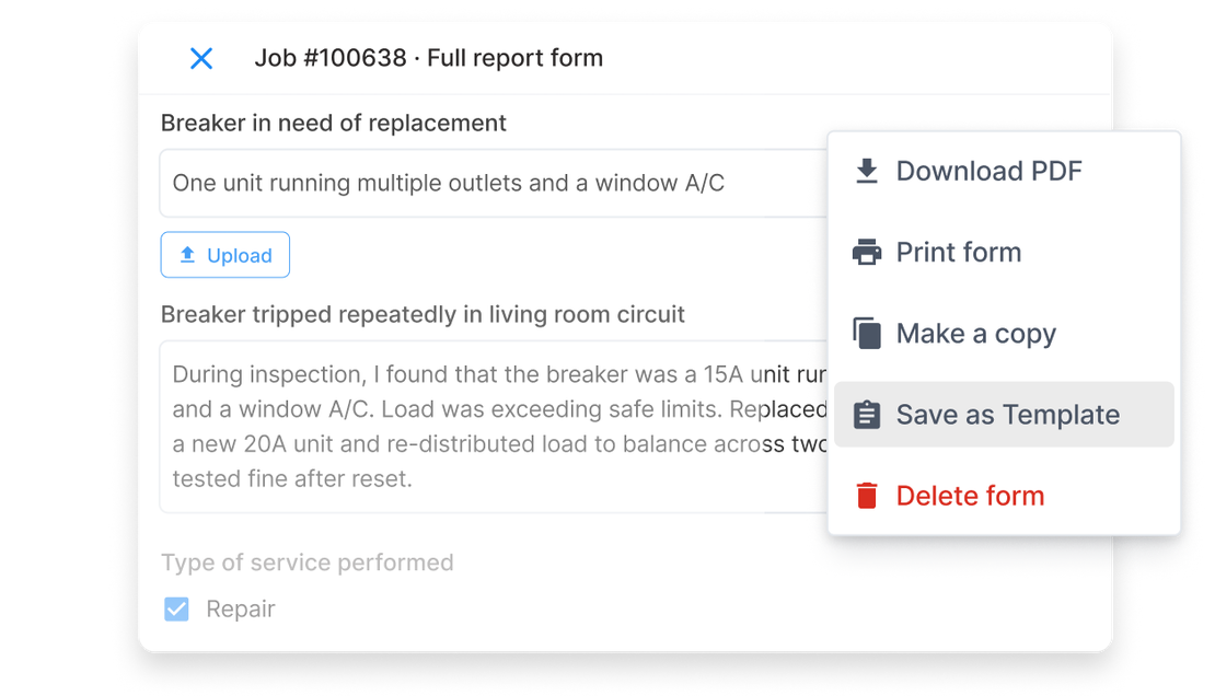 Cinderblock UI showing completed form details with options to download PDF, print, make a copy, save as template, or delete form.