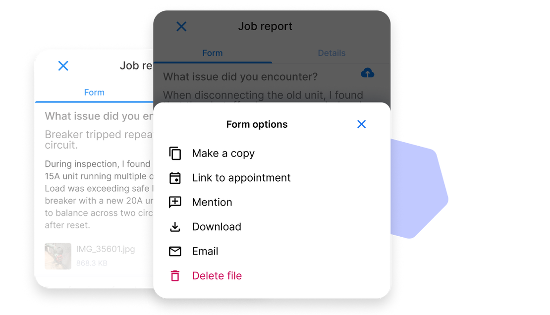 Cinderblock UI of a job report form showing form options menu with actions like make a copy, link to appointment, mention, download, email, and delete.