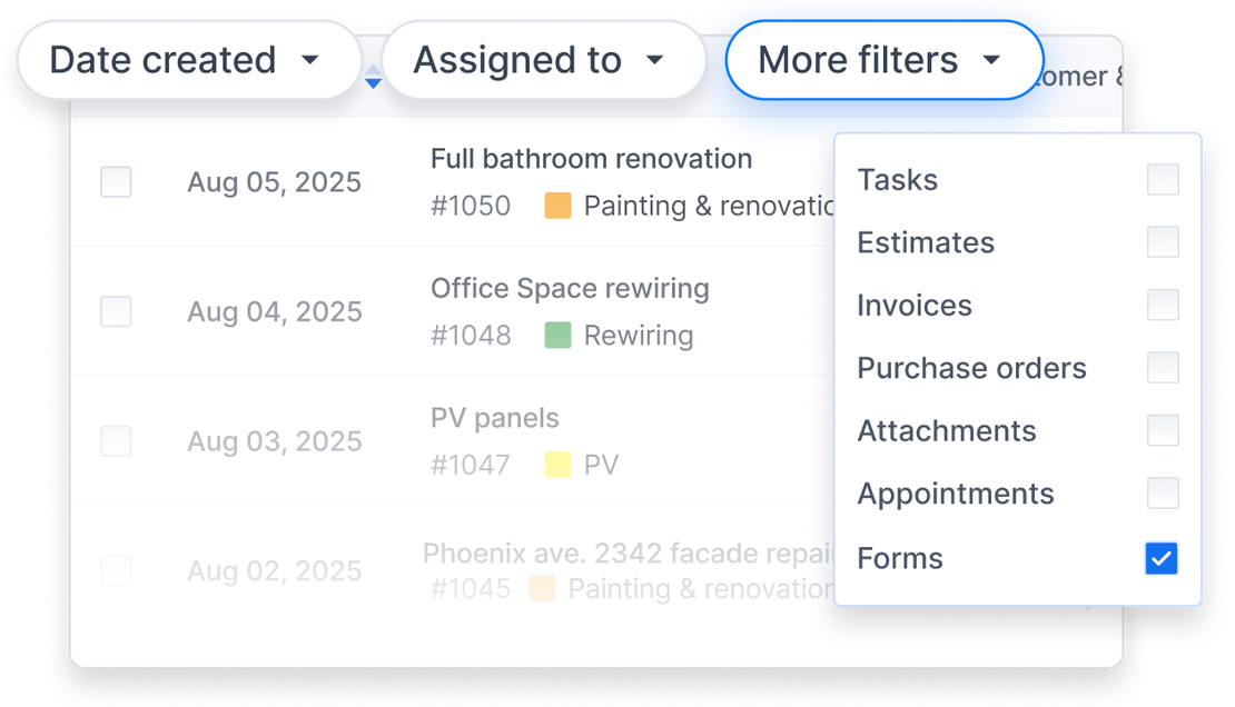 Cinderblock UI of job list with filter menu open, showing the option to filter jobs that include forms.