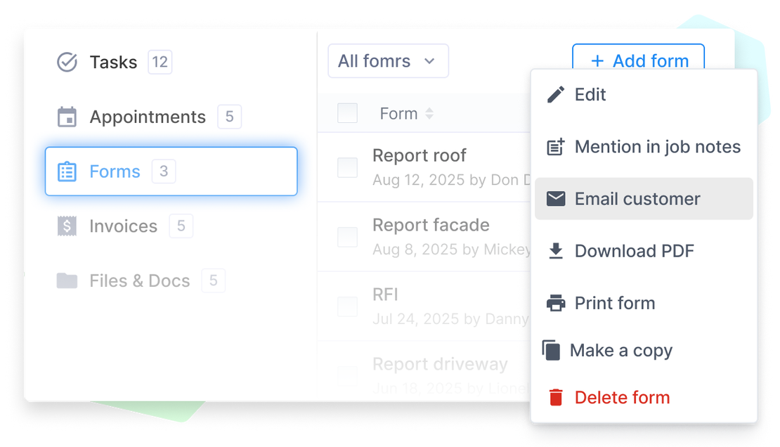 Cinderblock job view showing forms tab with options to edit, mention in job notes, email customer, download PDF, print, make a copy, or delete.