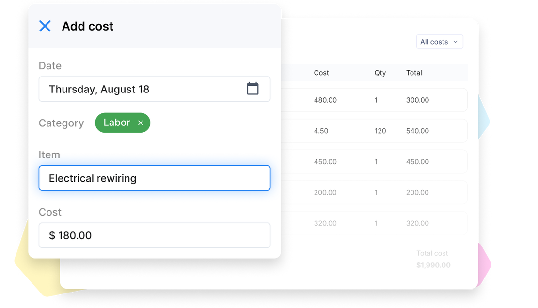 Cinderblock UI showing how to add and track individual job costs.
