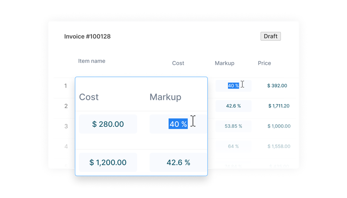 A draft invoice in the Cinderblock UI showing editable cost and markup fields that auto-calculate the final price for each line item.