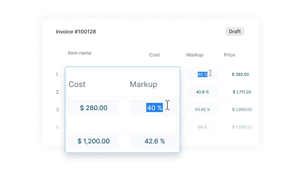A draft invoice in the Cinderblock UI showing editable cost and markup fields that auto-calculate the final price for each line item.