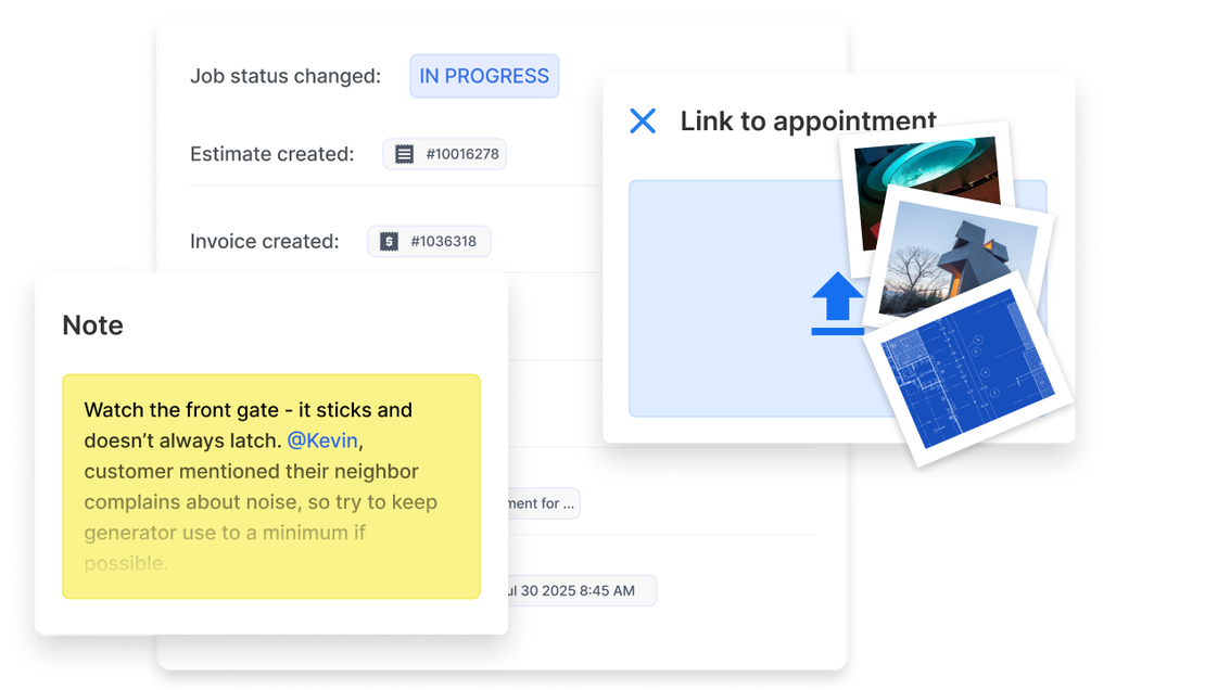 UI showing job notes in Cinderblock, with tagged comments, status updates, uploaded photos, and links to appointments.