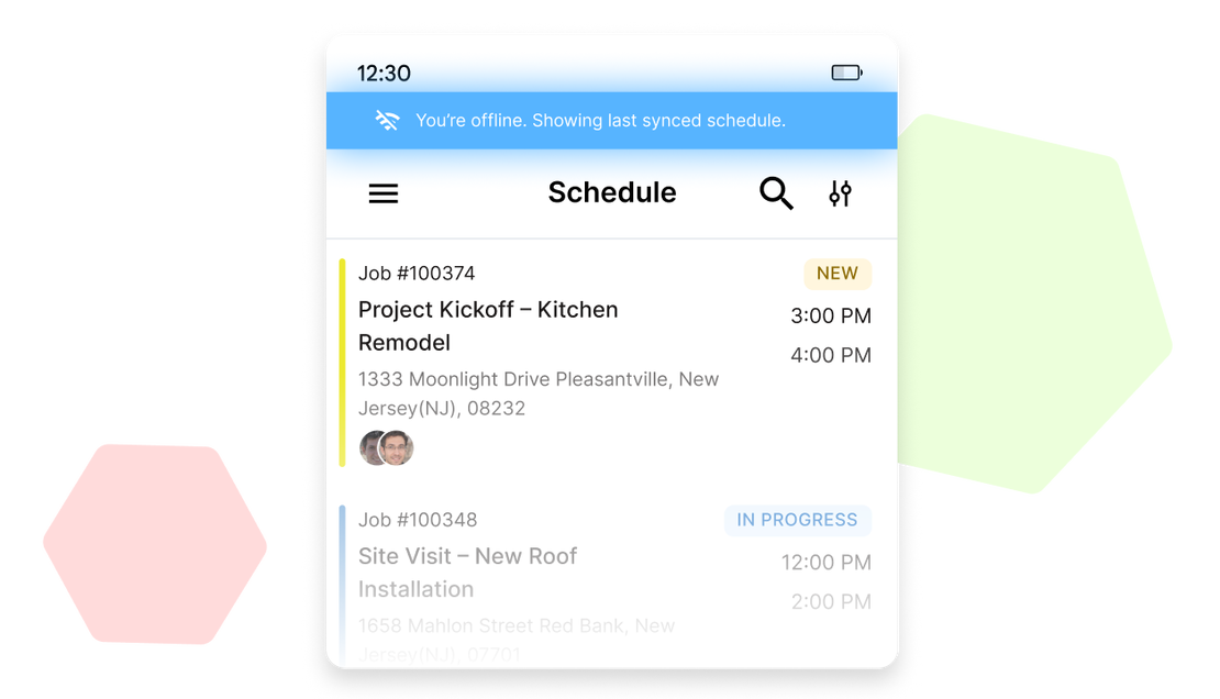 Cinderblock mobile app schedule view showing offline mode with last synced jobs and appointments.