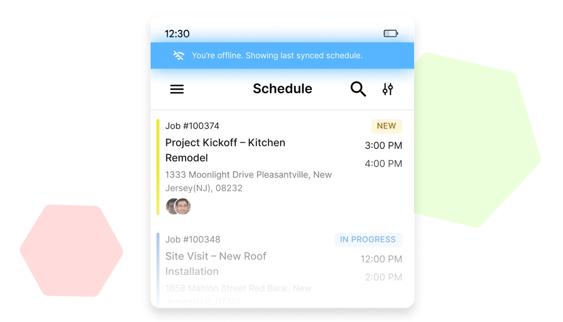 Cinderblock mobile app schedule view showing offline mode with last synced jobs and appointments.