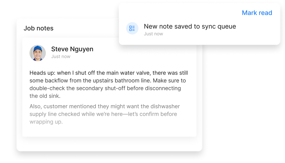 Job notes in Cinderblock with a notification showing a new note saved to the offline sync queue.