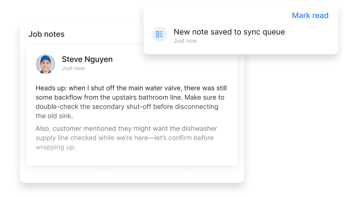 Job notes in Cinderblock with a notification showing a new note saved to the offline sync queue.
