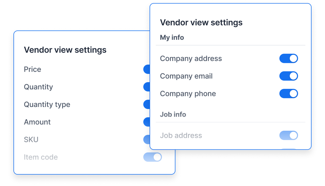 A Cinderblock UI screenshot showing vendor view settings with toggles to control visibility of pricing, quantities, company details, and job info.
