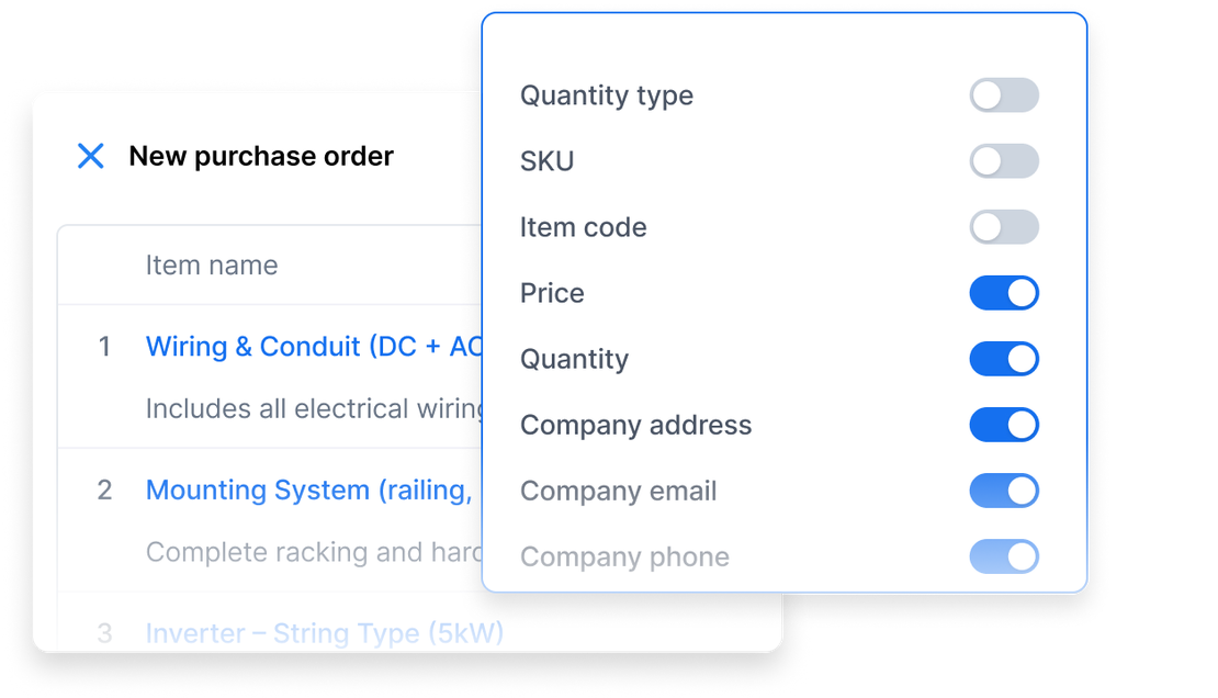 A Cinderblock UI screenshot showing a new purchase order with customizable item details and toggle switches for fields like price, quantity, and company info.