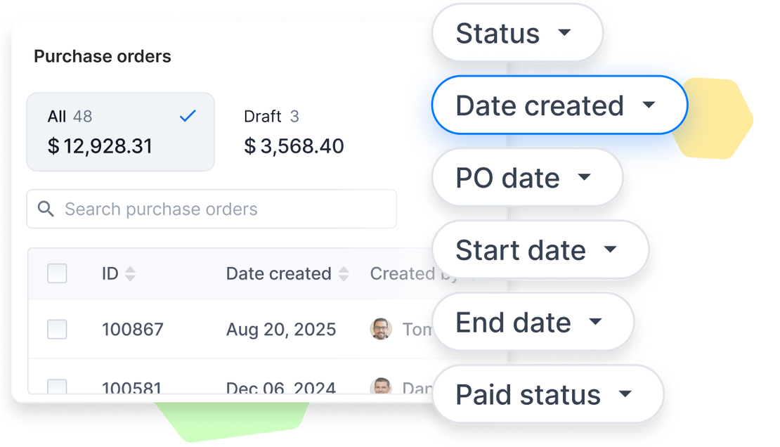 A Cinderblock UI screenshot showing purchase orders with filtering options like status, date created, PO date, and paid status.