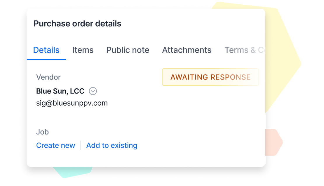 A Cinderblock UI screenshot showing vendor view settings with toggles to control visibility of pricing, quantities, company details, and job info.