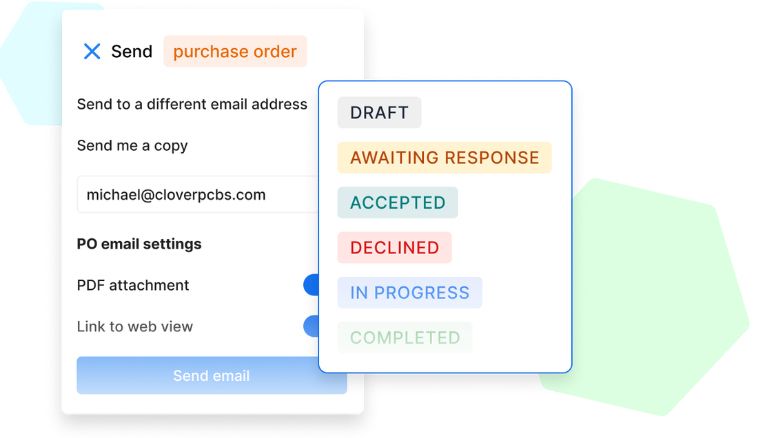 A Cinderblock UI screenshot showing purchase order email settings with options to attach a PDF, include a web link, and status labels like draft, accepted, declined, and completed.
