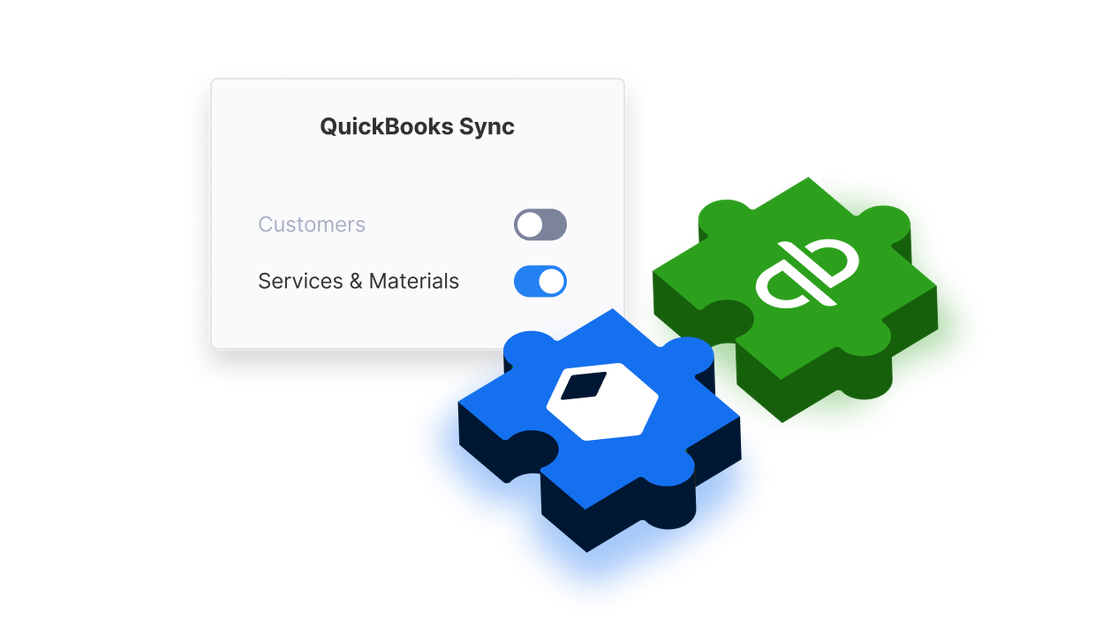 Sync toggles for QuickBooks integration and puzzle icons for Cinderblock and QuickBooks.