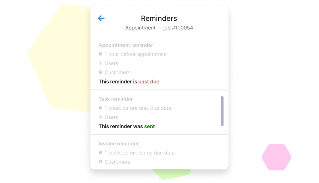 Cinderblock UI showing appointment, task, and invoice reminders with real-time status updates for users and customers.