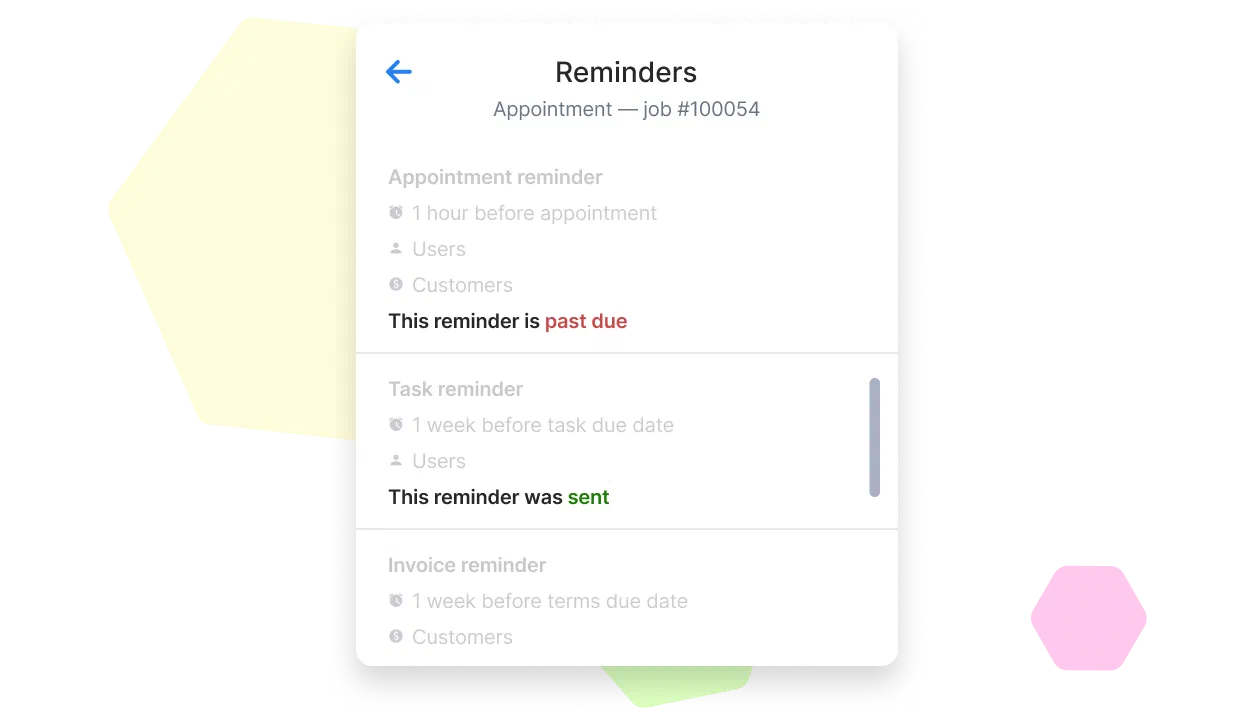 Cinderblock UI showing appointment, task, and invoice reminders with real-time status updates for users and customers.