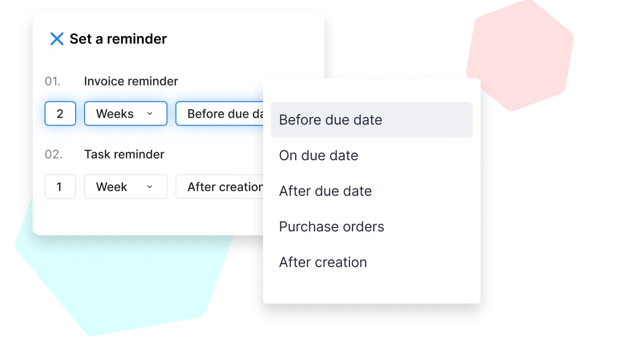 Cinderblock UI for setting flexible reminders by choosing exact timing before, on, or after due dates.