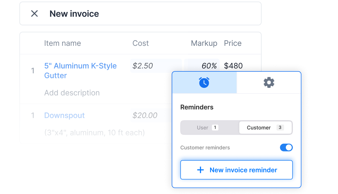 Cinderblock UI for adding invoice reminders and sending them to team members or customers directly.