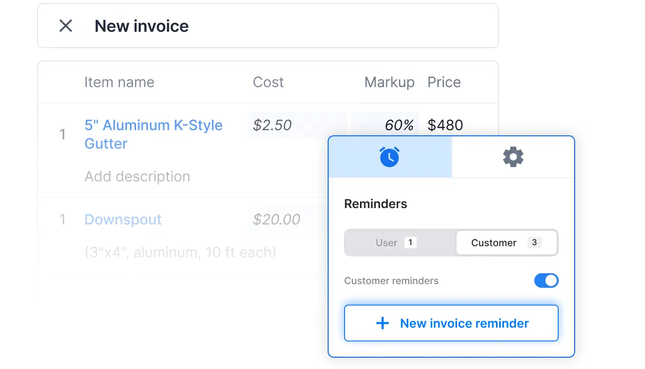 Cinderblock UI for adding invoice reminders and sending them to team members or customers directly.