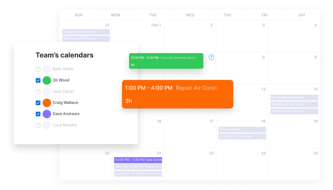 Calendar view in Cinderblock’s scheduling feature, showing individual crew availability.
