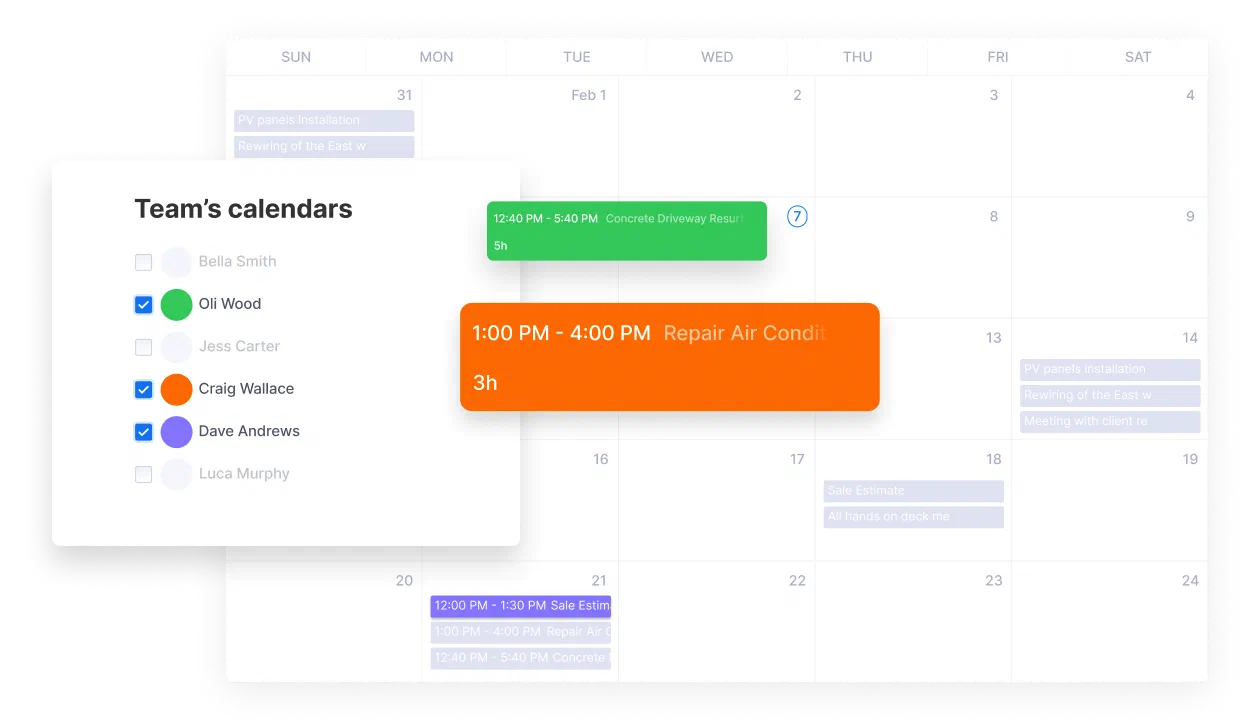 Calendar view in Cinderblock’s scheduling feature, showing individual crew availability.

