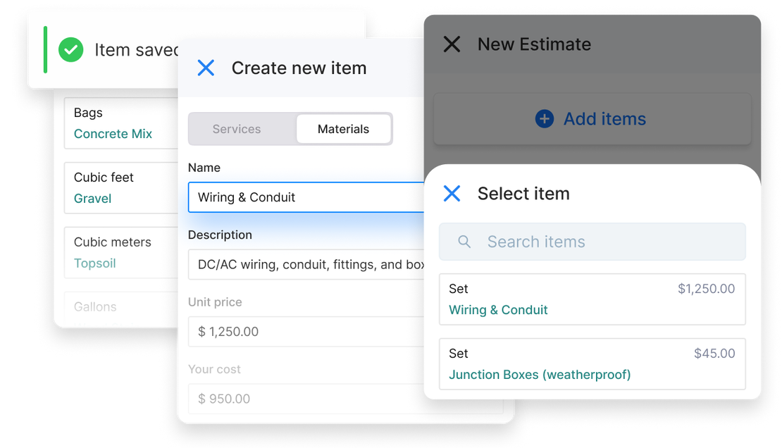 UI showing how saved service and material items are created and selected in Cinderblock