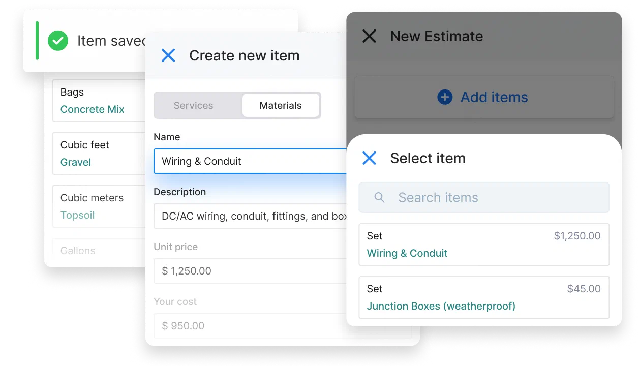 UI showing how saved service and material items are created and selected in Cinderblock