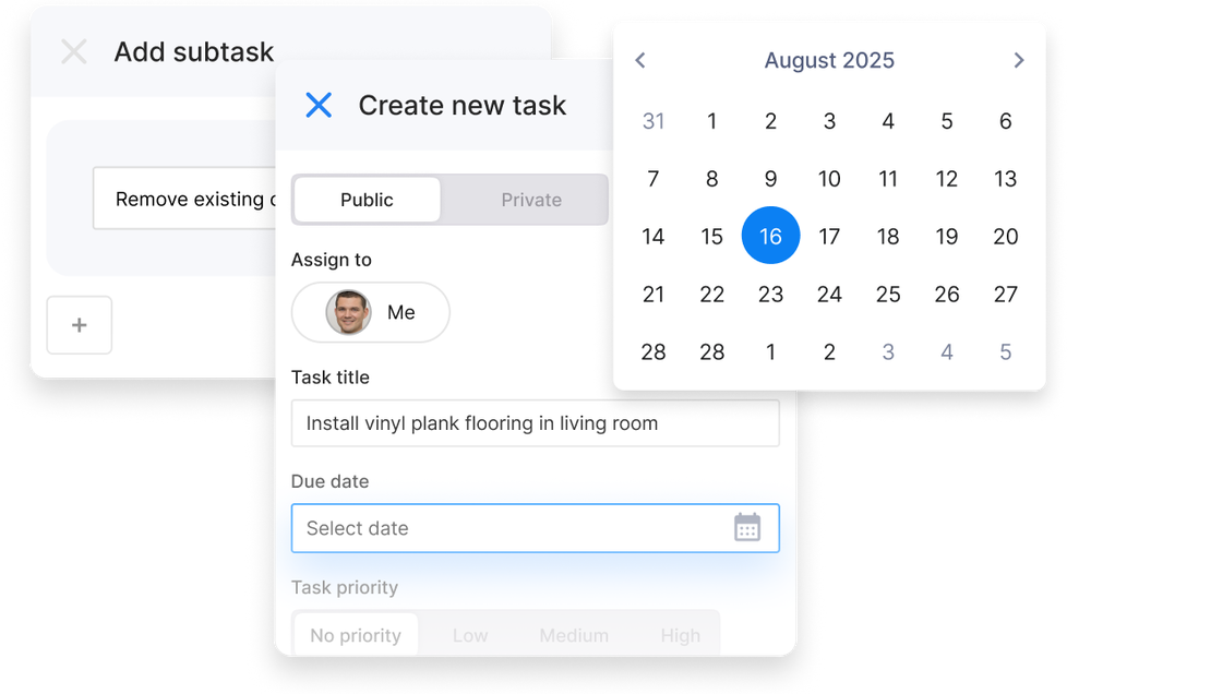 Cinderblock UI creating a new task with a calendar date picker for due date.