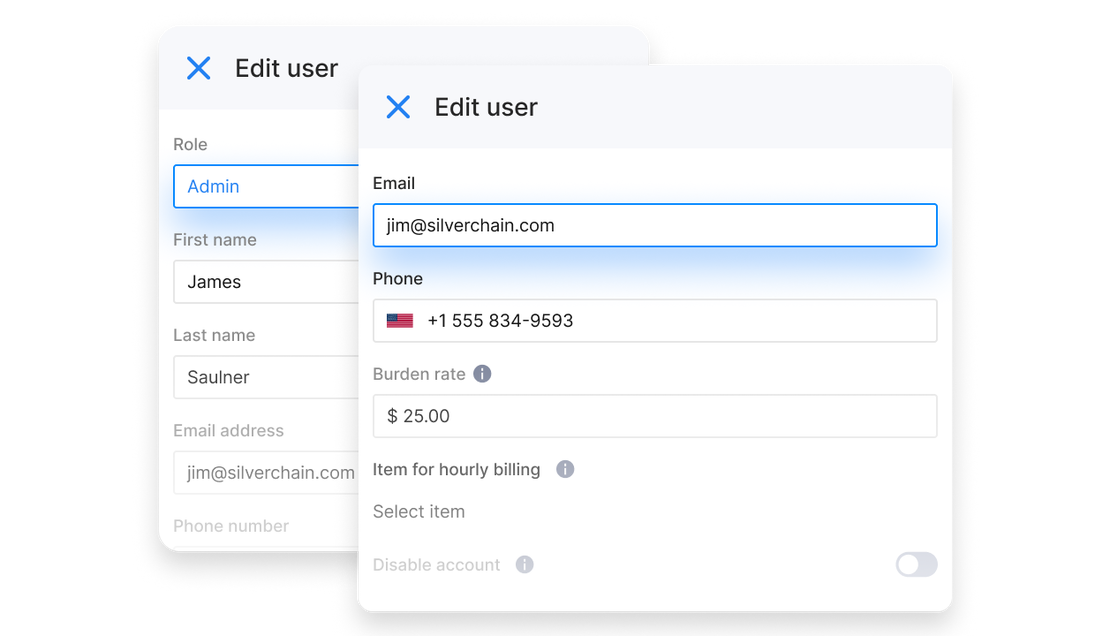 A user profile is being edited in Cinderblock, showing fields for name, role, email, phone, burden rate, and billing settings, with a visible “Save user” button.
