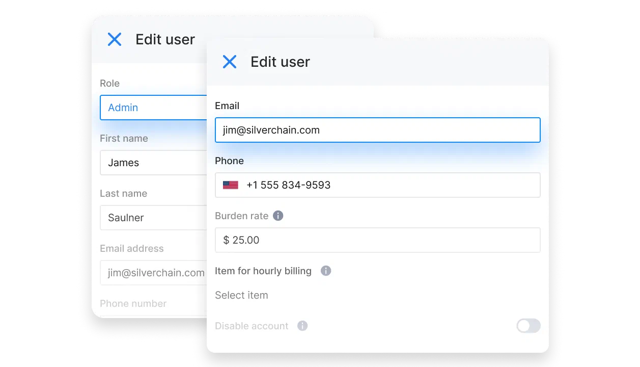 A user profile is being edited in Cinderblock, showing fields for name, role, email, phone, burden rate, and billing settings, with a visible “Save user” button.